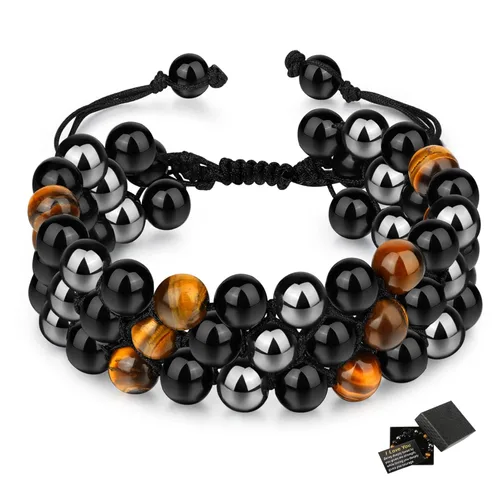 Vista 2 de Crystal Beaded Bracelets Gifts for Men Handmade Chakra Bracelet for Men's Protection Healing Hematite Tiger Eye Obsidian Adjustable Anxiety