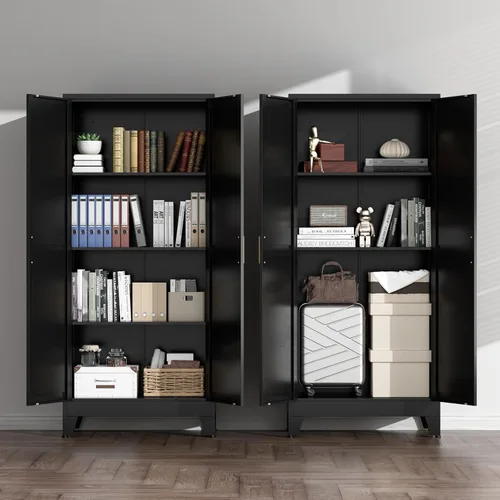 Vista 8 de COFaR Armario Negro de Almacenamiento de Despensa de Cocina Estilo Granja con 2 Puertas de Granero, 3 Estantes Ajustables y Patas