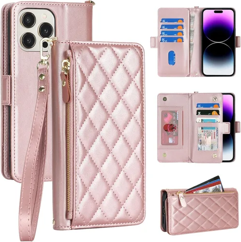 Vista 20 de Jaorty Funda compatible con iPhone 13 Pro Max para Apple 12 Pro Max, piel sintética naranja, rombo para mujeres y hombres, bolsillo con cremallera