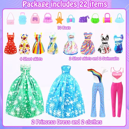 Vista 5 de Ropa y accesorios para muñeca de 11.5 pulgadas y conjunto de vestuario con vestidos de princesa, vestidos de moda, conjuntos, tops y pantalones