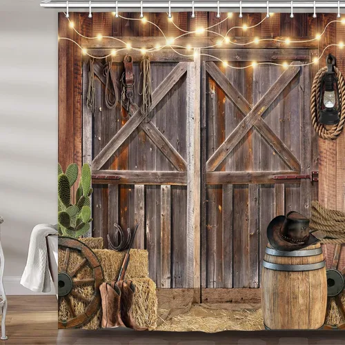 Vista 36 de Cortina de ducha de puerta de granero de madera rústica, 60 x 70 pulgadas, beige