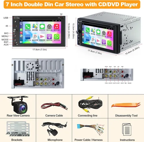 Vista 7 de Estéreo de coche doble DIN con reproductor de CD/DVD Apple Carplay y Android Auto, radio de coche de 6.2 pulgadas con Bluetooth y cámara