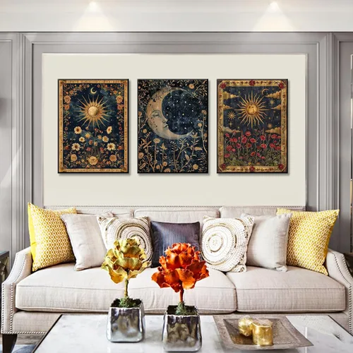 Vista 2 de Lienzo con marco negro con sol y luna celestial, arte de pared, tarot, luna creciente, decoración de pared, cuadros góticos de flores silvestres