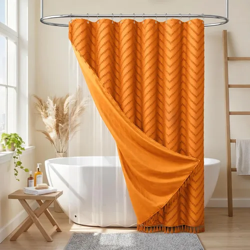 Vista 225 de Dynamene - Cortina de ducha de tela bohemia con rayas con chebrón en relieve, juego de cortina angosta para baño, media cortina impermeable