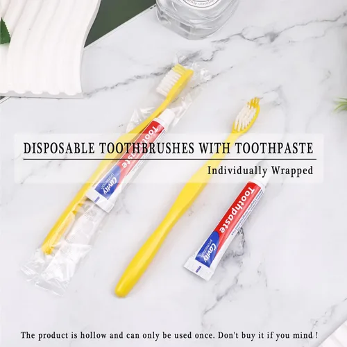 Vista 5 de Cepillos de dientes desechables con pasta de dientes, paquete de 20, cepillo de dientes hueco amarillo con 0.35 oz de pasta de dientes envueltos