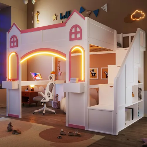 Vista 13 de VilroCaz Cama tipo loft de tamaño individual con barandilla de seguridad para niños y niñas, diseño de casa de juegos, base de cama de madera maciza