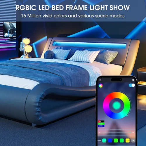 Vista 18 de WEEWAY Moderno marco de cama matrimonial con cabecera de luces LED RGBW, diseño de trineo tapizado de perfil bajo, soporte de listones de madera