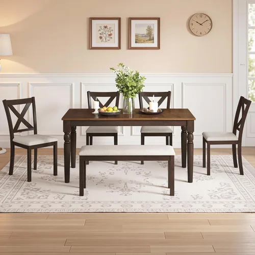 Vista 9 de LUXOAK Juego de mesa de comedor de madera maciza de 6 piezas, silla tapizada con asiento de banco, asientos para 6 personas, juego de sillas
