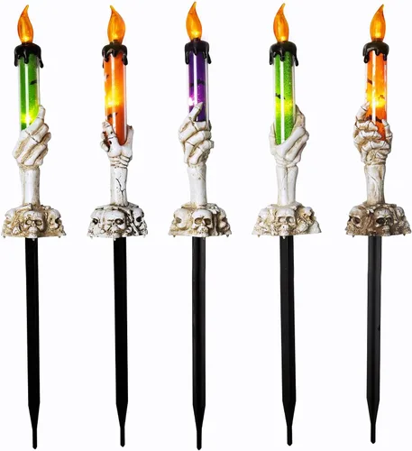 Vista 8 de WATERGLIDE Juego de 5 estacas de luz para velas de Halloween, diseño de manos de esqueleto, resistentes al agua, funciona