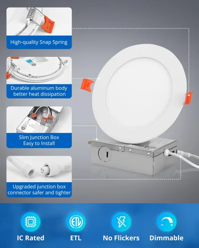 Vista 6 de Paquete de 8 luces LED empotrables de 13 cm para techo 7CCT para cocina, luz de techo delgada sin lata IC para baño, 10 W regulable 800 LM