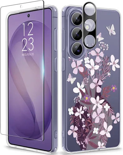 Vista 19 de GVIEWIN Funda protectora para Samsung Galaxy S25, transparente floral, delgada, a prueba de golpes, para mujer, no se pone amarilla, con protector