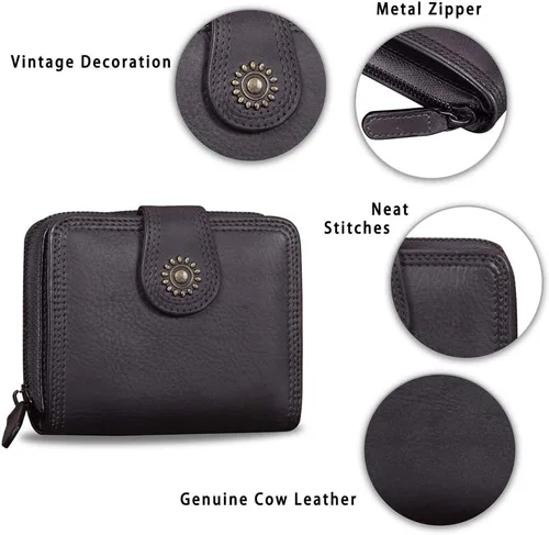 Vista 6 de IVTG Billeteras de cuero plegables para mujer, estilo vintage, hechas a mano, pequeño, bolso corto con cremallera y organizador para tarjetas, Negro