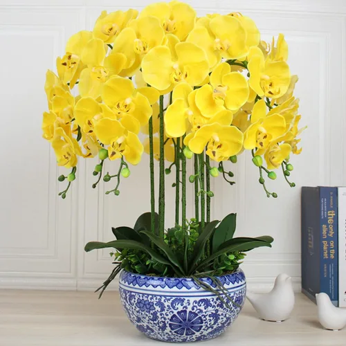 Vista 4 de FagusHome Phalaenopsis - 6 flores artificiales de orquídeas artificiales de 32 pulgadas, flores falsas para decoración del hogar (amarillo)