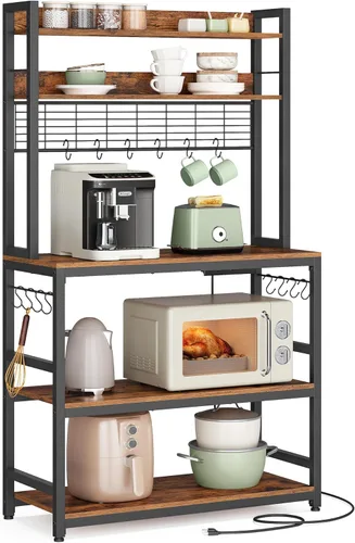 Vista 11 de VASAGLE Estante de panadería con toma de corriente, soporte para microondas, estante de almacenamiento alto de cocina, con panel de alambre