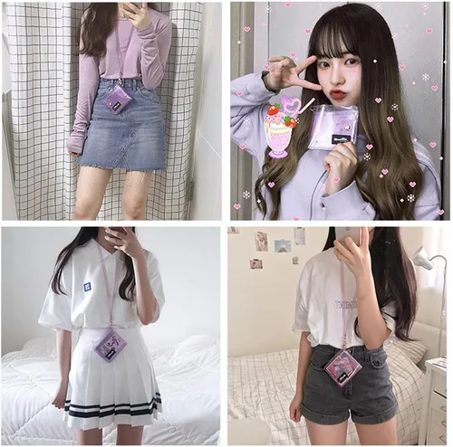 Vista 2 de Cartera transparente para mujer, cartera plegable con cordón, bonita funda para identificación, Morado, S, Cartera de viaje