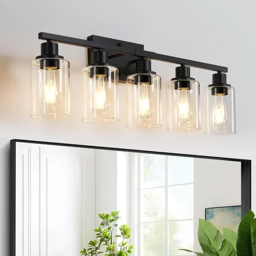 Vista 22 de MOKATNG Juego de 2 apliques de pared para baño, luces de tocador modernas negras con pantalla de vidrio blanco, lámpara de pared de baño