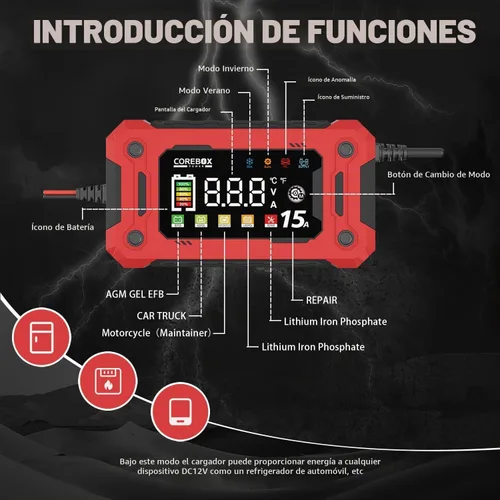 Vista 4 de Cargador de batería de 15 amperios y 12 V, cargador automático inteligente de batería, desulfatador de mantenimiento de batería con compensación