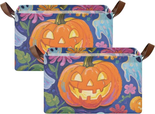 Vista 2 de KLL Halloween Pumpkins and Ghosts with Flowers Large Storage Baskets Fabric Storage Bins with Handles Foldable Boxes for Home, Office,Closet