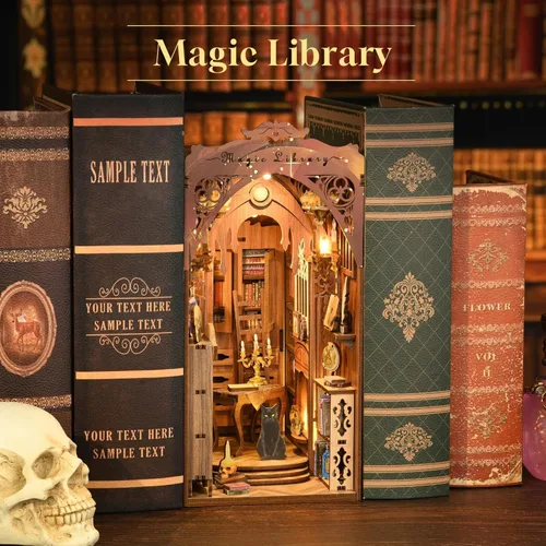 Vista 5 de Kit de rincón de libros, kit de bricolaje en miniatura para casa de muñecas, rompecabezas de madera 3D, decoración con luz LED para adolescentes