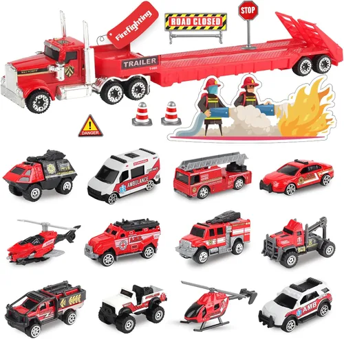 Vista 10 de Oriate 28 piezas de juguetes de construcción para niños, 12 piezas de juguetes de vehículos de construcción en miniatura con remolque de transporte