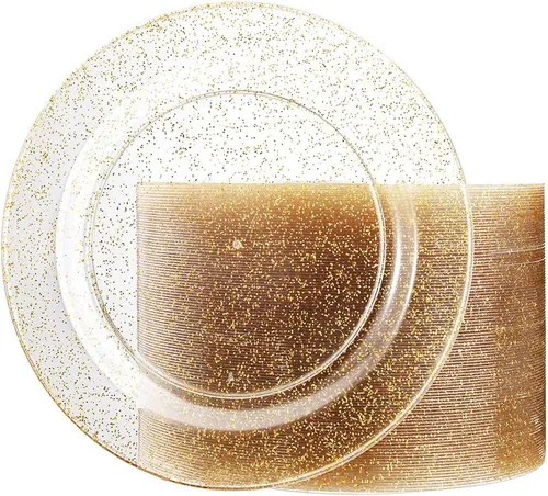 Vista 20 de Liacere 100 piezas de platos de plástico duraderos - Platos de plástico gris con borde dorado - 100 platos grises para cena, perfectos para bodas