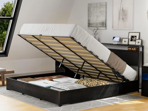 Vista 8 de IKIFLY Cama de almacenamiento elevable tamaño King con estación de carga, marco de cama de metal King con cabecera de estante de almacenamiento