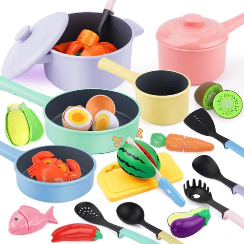 GILOBABY Accesorios de Cocina de Juguete, Conjuntos de Comida de Juguete para Cocina de Juguete para Niños con Juego de Ollas y Sartenes, Utensilios