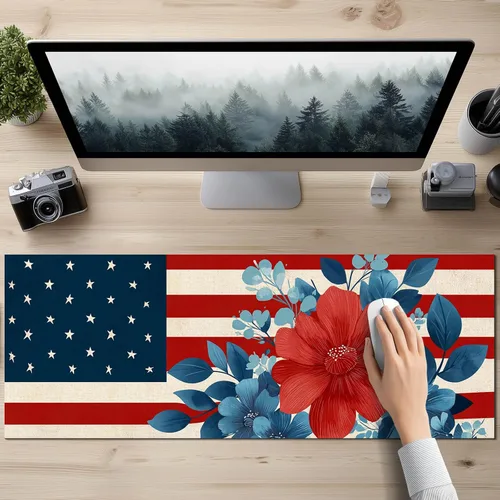 Vista 4 de HOMETITUTE Alfombrilla para mouse de 31.5 x 11.8 pulgadas, con bandera estadounidense, floral, XL, grande, extendida, para teclado, computadora