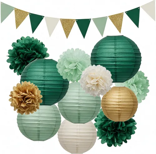 AimtoHome Kit de 27 pompones de papel verde salvia, faroles de papel, banderines para safari en la selva, baby shower, boda neutral de género Verde