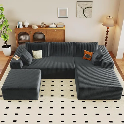 Vista 28 de Sofá modular Cloud de 95 pulgadas con otomana, moderno sofá nube en forma de U con asiento profundo, cómodo sofá de pana de 3 plazas, sofá de espuma