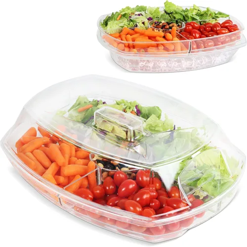 7Penn Bandeja acrílica para servir aperitivo, 4 compartimentos, bandeja refrigerada transparente con tapa abatible para bandeja de hielo