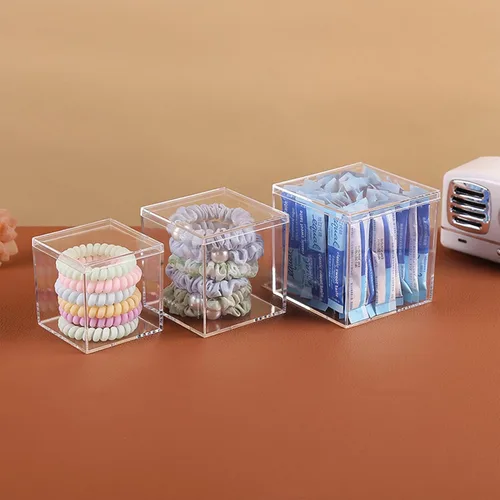 Vista 3 de PROFIKLA Caja de acrílico transparente de 4.7/4/3.3/2.5 pulgadas con tapa, caja de exhibición de joyas, cajas de almacenamiento decorativas de cubo