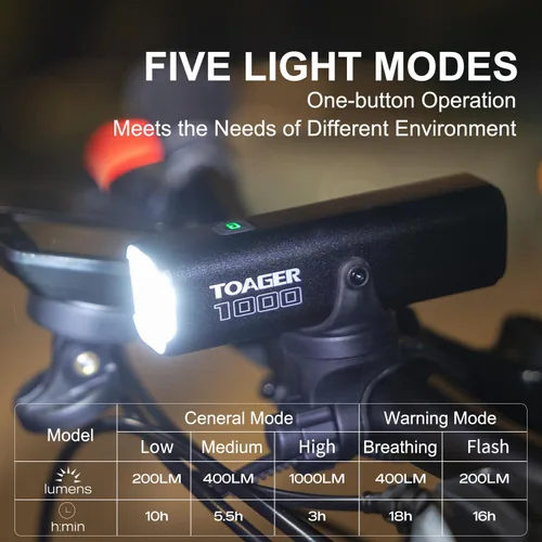 Vista 2 de Luz de bicicleta T1000 de 1000 lúmenes, 4500 mAh, USB tipo C, recargable, IPX6, luz delantera de bicicleta impermeable para carretera, urbana
