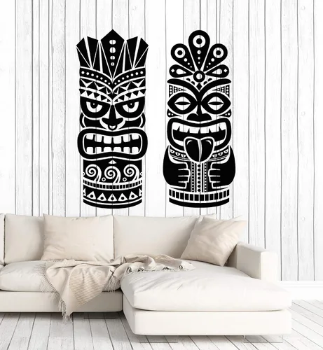 Vinilo grande para pared, diseño de tótem Tiki, estatua tradicional, polinesia, Hawaii, decoración tribal (g5120), color negro