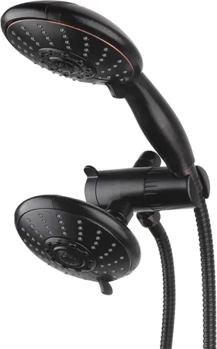 Vista 10 de Cabezal de ducha doble grande antiobstrucciones de 5 pulgadas con rociador de mano, 5 modos de pulverización únicos, conector de latón, manguera
