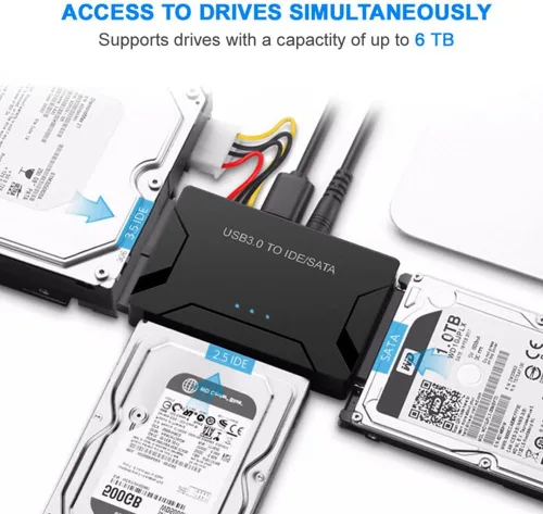 Vista 4 de Adaptador de disco duro USB 3.0 a IDE/SATA, convertidor externo para unidad óptica IDE SATA HDD SSD DVD, lector universal de disco duro con fuente