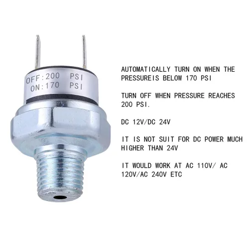 Vista 6 de Interruptor de Presión de Aire 170-200 PSI Interruptor de Presión 1/4"-18 NPT CC 24V 12V Interruptor de Presión del Compresor de Aire Interruptor