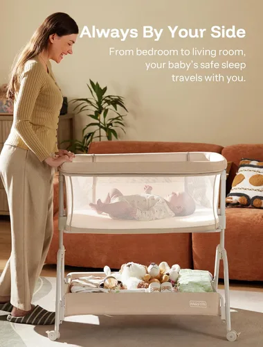 Vista 6 de HARPPA Moisés Acogedor, Moisés de Bebé 2 en 1 con Malla Transpirable y Colchón, 6 Alturas Ajustables, Cuna Lateral con Correa de Anclaje, Cesta