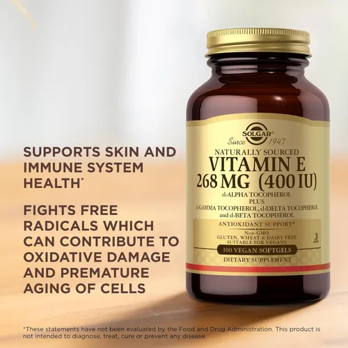 Vista 5 de Solgar Vitamina E 268 mg (400 UI) – 100 cápsulas blandas veganas – de origen natural – Sin OMG, sin gluten – 100 porciones