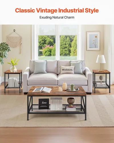 Vista 4 de VEVOR Juego de 3 mesas para sala de estar, mesa de café industrial de 41.3 pulg con 2 mesas auxiliares cuadradas, juego de mesas de café