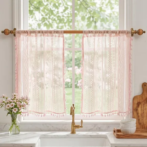 Vista 9 de MYSKY HOME Cortinas de encaje beige para puerta francesa de 40 pulgadas de largo, 2 paneles de cortinas florales bohemias transparentes para puerta