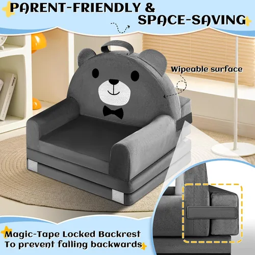 Vista 4 de Sofá Cama Infantil ORWIPO con Funda Desmontable y Lavable y Respaldo con Cinta Adhesiva – Silla Plegable para Niños Pequeños, Cómodo Mobiliario