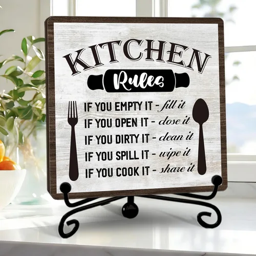 Vista 15 de Placa de madera rústica con soporte, decoración de cocina, letrero de madera con reglas de cocina, idea de decoración de madera para el hogar, sala