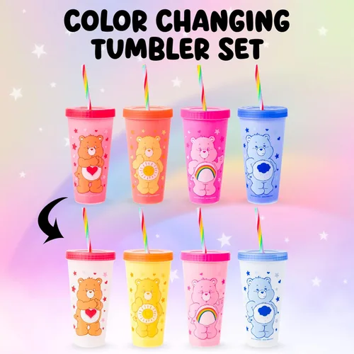 Vista 2 de Silver Buffalo Care Bears Corazones y Estrellas Juego de 4 Vasos de Plástico Cambian de Color con Popotes de Espiral Arcoíris con Tenderheart