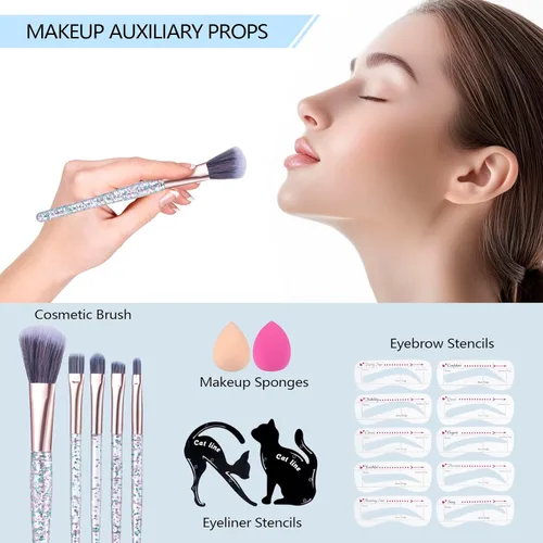 Vista 5 de Kits de maquillaje para niñas y adolescentes, set de regalo de maquillaje para mujeres con paletas de sombras, brochas, brillo labial, kit de inicio