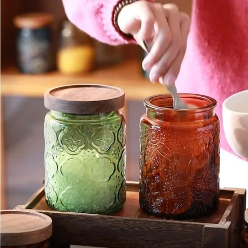 Vista 3 de ANSQU Tarro de vidrio vintage para almacenamiento en encimera de cocina, tarros de dulces con tapas, recipiente de café para café molido, tarro