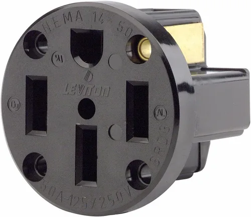 Vista 9 de Leviton 279-S00 - Receptáculo de montaje empotrable, 50 A, 125/250 V, NEMA 14-50R, 3P, 4W, hoja recta, grado industrial, conexión a tierra, cableado