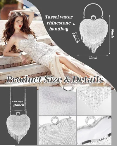 Vista 3 de Juego de 5 monederos de mano con diamantes de imitación para el día de San Valentín para mujer, con forma de corazón, borla y bolsa de mano de noche