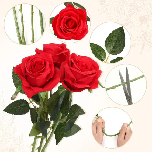 Vista 3 de CEWOR 10 rosas falsas con tallos, rosas rojas, flores artificiales de seda para ramo de novia, boda, fiesta, decoración del hogar (rojo)