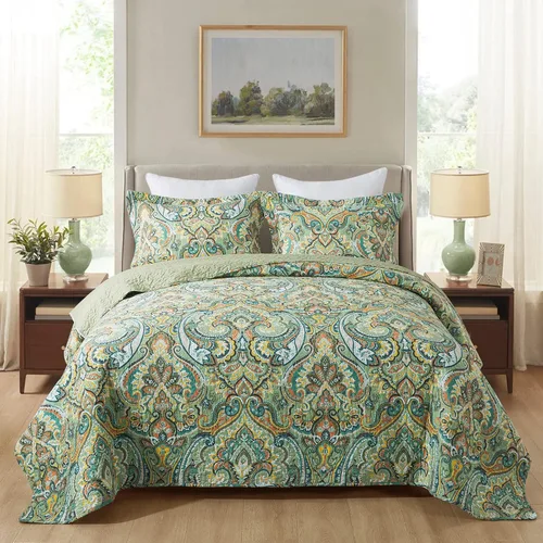 Vista 12 de NEWLAKE - Juego de cubrecama reversible de microfibra bordada con patrón floral en relieve en jacquard beige, tamaño queen